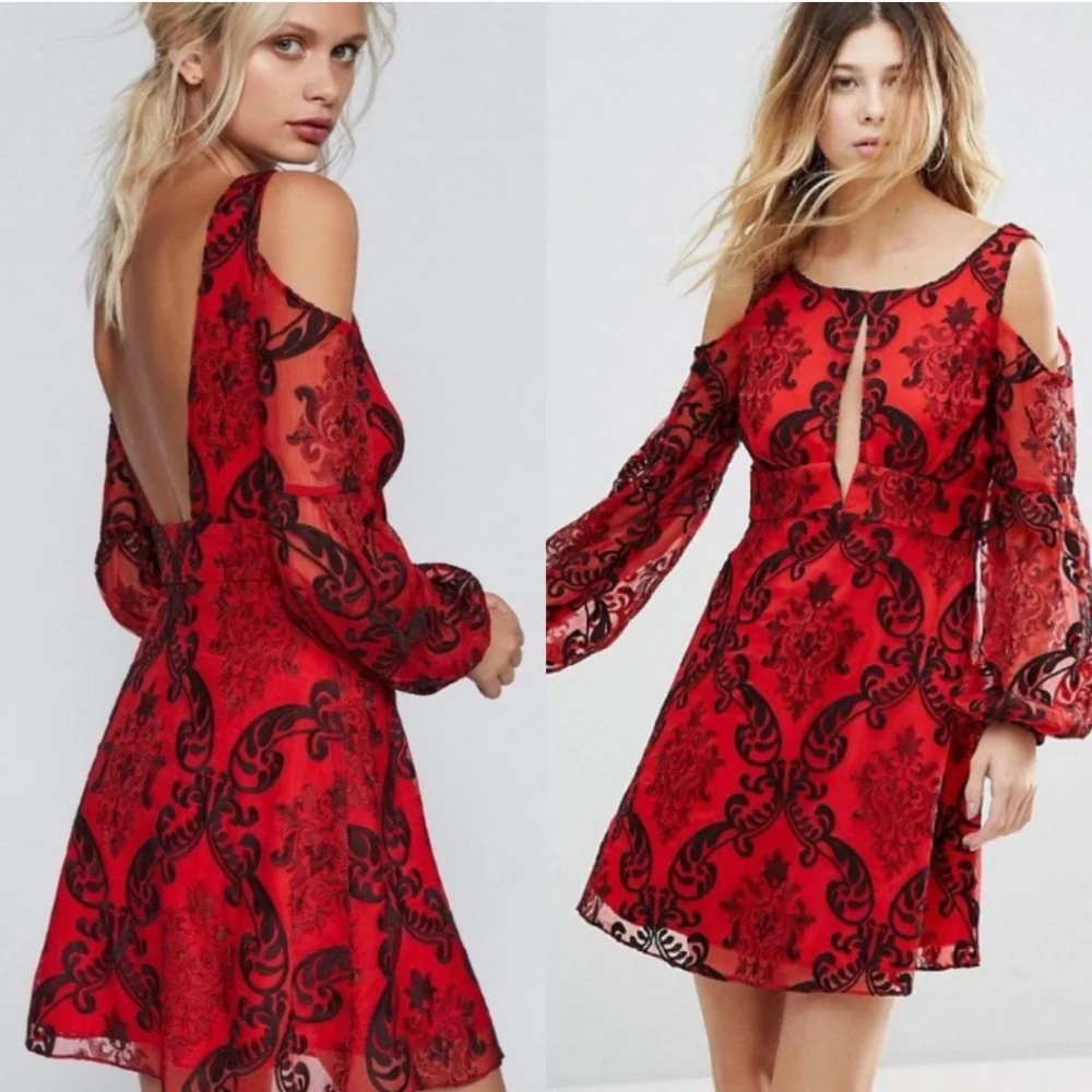 FREE PEOPLE Want to Want Me Red/Black Embroidery Mini Dress - Picture 1 of 11